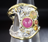 Серебряное кольцо с розовыми сапфирами, эфиопским опалом и цитринами