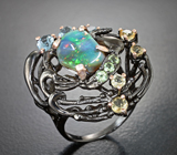 Серебряное кольцо с кристаллическим эфиопским опалом 4,67 карата, голубыми топазами, цитринами и перидотами Серебро 925