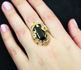 Стильное золотое кольцо с крупным ограненным шерлом 16,24 карата и синими сапфирами Золото