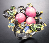 Серебряное кольцо с кабошонами розовых сапфиров, эфиопскими опалами, перидотами, цитринами и диопсидом Серебро 925