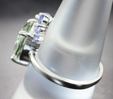 Эффектное серебряное кольцо с зеленым аметистом и танзанитами