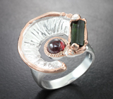 Серебряное кольцо с родолитом и зеленым турмалином Серебро 925